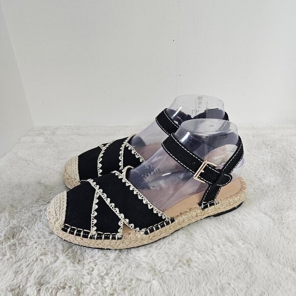 Time and Tru Black Cream Jute Canvas Espadrilles Buckle Boho 8.5 - Picture 1 of 13